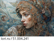 Portrait of a girl in a stylized national headdress, richly decorated with ornaments, stones and fabrics. The illustration is made in a detailed artistic manner, combining elements of fantasy, ethnicity and decorative art. The restrained color palette with a predominance of shades of blue, bronze and beige creates an atmosphere of mystery and depth. This work is suitable for themes about cultural heritage, female beauty, traditions and imagination. Стоковое AI-изображение, AI-художник Анна Кривицкая / Фотобанк Лори