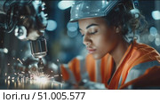 Woman welding in industrial workspace showcasing skills and focus in bright safety gear. Стоковое AI-видео, аниматор Сергей Толмачёв / Фотобанк Лори