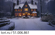 A beautiful stone house glows warmly against a snowy backdrop, surrounded by serene winter trees in the evening twilight. Стоковое AI-видео, аниматор Данила Большаков / Фотобанк Лори