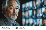 An individual appears focused while observing a virtual meeting, surrounded by multiple screens showing various participants engaging remotely. Стоковое AI-видео, аниматор Данила Большаков / Фотобанк Лори