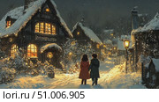 A couple takes a romantic walk through a charming village square on a snowy night, surrounded by twinkling lights and cozy cottages. Стоковое AI-видео, аниматор Данила Большаков / Фотобанк Лори