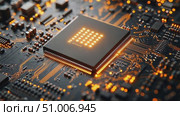 A close-up view showcasing the detailed structure of a glowing microchip embedded in a circuit board with illuminated pathways. Стоковое AI-видео, аниматор Данила Большаков / Фотобанк Лори