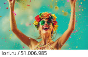 A joyful participant dressed in bright colors expresses happiness by throwing confetti in a lively summer event celebration. Стоковое AI-видео, аниматор Данила Большаков / Фотобанк Лори