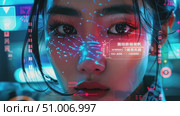 A young woman immersed in vibrant neon visuals showcases advanced technology in an urban setting at night, blending art and innovation. Стоковое AI-видео, аниматор Данила Большаков / Фотобанк Лори