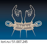 Руки, скованные светящейся цепью "Обязательство" ("Obligation"): метафора невидимого, но огромного груза ответственности, моральных обязательств и внутренних ограничений. Стоковое AI-изображение, AI-художник Ирина Першина / Фотобанк Лори