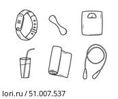 Sports doodle icon set concept. Design elements of a sports invert, a healthy lifestyle. Стоковая иллюстрация, иллюстратор Глущенко Елена / Фотобанк Лори