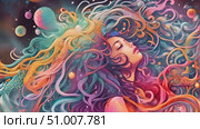 Painting of woman captured with flowing hair in motion. Artwork showcases womans hair being blown by wind, adding dynamism to composition. Стоковое AI-видео, аниматор Данила Большаков / Фотобанк Лори