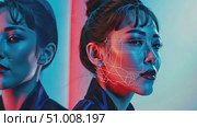 A fusion of beauty and technology is showcased in an urban environment, blending vibrant colors and digital art elements to create an engaging experience. Стоковое AI-видео, аниматор Данила Большаков / Фотобанк Лори