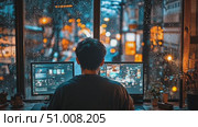 A person works at their desk in a cozy home office, surrounded by warm city lights and rain-drenched windows during a serene evening. Стоковое AI-видео, аниматор Данила Большаков / Фотобанк Лори