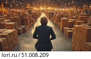 A solitary figure reflects on their surroundings in a vast warehouse filled with boxes under warm lighting at dusk. Стоковое AI-видео, аниматор Данила Большаков / Фотобанк Лори