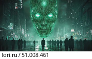 A massive digital face looms over a vibrant city at night, casting an eerie glow on the streets filled with people and neon lights. Стоковое AI-видео, аниматор Данила Большаков / Фотобанк Лори