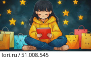 A young girl sits cross-legged in a warm yellow hoodie, reading happily as vibrant shopping bags surround her under sparkling stars. Стоковое AI-видео, аниматор Данила Большаков / Фотобанк Лори