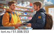 A young man in an orange jacket seeks assistance in a pharmacy while another browses shelves filled with medicine in a bustling environment. Стоковое AI-видео, аниматор Данила Большаков / Фотобанк Лори