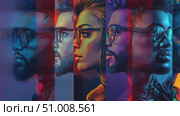 This captivating display showcases colorful portraits emphasizing diversity, individuality, and artistic expression among different people. Стоковое AI-видео, аниматор Данила Большаков / Фотобанк Лори