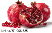 Pomegranates. Pomegranate isolated on a white transparent background. Juicy garnet fruit whole and its half with leaves and details. Piece of pomegranate with seeds. Side view. Freshness and abundance. Стоковое AI-изображение, AI-художник Марина Демидюк / Фотобанк Лори