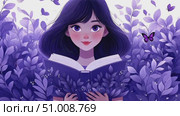 A girl immersed in reading, gazes with wonder as purple flowers and butterflies create a magical atmosphere around her. Стоковое AI-видео, аниматор Данила Большаков / Фотобанк Лори