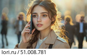 A young woman engages in a phone conversation while strolling through a bustling urban area filled with people during sunset. Стоковое AI-видео, аниматор Данила Большаков / Фотобанк Лори