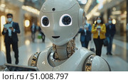 A humanoid robot interacts with shoppers in a bustling mall, providing assistance and enhancing the shopping experience during the holidays. Стоковое AI-видео, аниматор Данила Большаков / Фотобанк Лори
