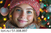 A joyful girl with freckles and blue eyes smiles warmly while surrounded by a beautifully lit Christmas tree adorned with ornaments. Стоковое AI-видео, аниматор Данила Большаков / Фотобанк Лори