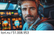 A pilot smiles confidently while preparing for takeoff, surrounded by instrument panels and glowing displays in the cockpit. Стоковое AI-видео, аниматор Данила Большаков / Фотобанк Лори