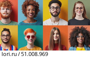 A diverse ensemble of young adults poses with distinct hairstyles and fashionable outfits against bright backgrounds, emphasizing individual expression. Стоковое AI-видео, аниматор Данила Большаков / Фотобанк Лори