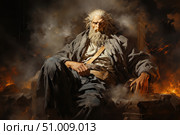 Powerful fantasy illustration: a gray-haired man with eagle features sits on a throne amidst ashes and fire. His clothes resemble feathers, and his stern gaze and tense posture suggest strength, ancient wisdom, and rage. The atmosphere of the scene is dark and majestic, as if he were an ancient guardian or a spirit of nature in human form. Ideal for dark fantasy themes, mythology, epic stories, and heroic characters. Стоковое AI-изображение, AI-художник Анна Кривицкая / Фотобанк Лори