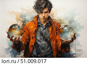 Artistic portrait of a young man in an orange coat holding glass spheres in both hands. His gaze is focused and determined, as if he is controlling energy or predicting the future. The background with abstract splashes and spots creates a sense of magic and inner strength. The painting combines elements of realism and fantasy, and is perfect for the themes of self-knowledge, choice, mystery and willpower. Стоковое AI-изображение, AI-художник Анна Кривицкая / Фотобанк Лори