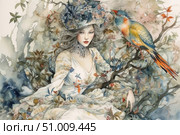 An elegant fantasy watercolor illustration depicting a graceful girl in a flower crown and an elegant dress decorated with floral patterns. She sits among tree branches, immersed in thoughtful calm. Next to her, a bright exotic bird with iridescent plumage - blue, yellow, orange - creates a harmonious contrast. The picture is permeated with lightness, airiness and a fairy-tale atmosphere. Ideal for themes of art, illustration, female beauty, nature and magic. Стоковое AI-изображение, AI-художник Анна Кривицкая / Фотобанк Лори