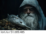 A dark fantasy scene with a mysterious hooded old man, his face partially hidden in shadow. His thick gray beard and serious gaze create the image of a sage or magician. In the foreground is a strange mythical creature, resembling a hybrid of a fish and a reptile, resting on a pile of shells. An atmosphere of deep mystery, ancient knowledge and underwater or fairy-tale worlds. Perfect for fantasy, mythology, magic, fairy tales, role-playing games and illustrations of legends. Стоковое AI-изображение, AI-художник Анна Кривицкая / Фотобанк Лори