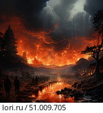 An epic fantasy apocalypse scene depicting a column of people walking through a flaming landscape against a backdrop of raging fire and bright red clouds. Dark clouds loom in the sky, with streams of light streaming from them, creating a contrast between destruction and hope. In the background are silhouettes of oriental architecture and a burning city. The dark atmosphere, reflections in a fiery stream and the tragic nature of the scene make the image a powerful visual symbol of the end, exile and disaster. Ideal for fantasy, war, post-apocalyptic, fate and symbolism themes. Стоковое AI-изображение, AI-художник Анна Кривицкая / Фотобанк Лори