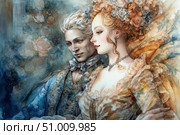 Watercolor portrait of an elegant couple in historical costumes of the 18th century. A man in a blue waistcoat and a woman with a lush hairstyle and jewelry are depicted in a romantic and tender atmosphere. The illustration conveys the spirit of the Baroque and Rococo eras, sensuality, sophistication and palace chic. Ideal for book covers, romantic postcards, historical publications and designs with a retro accent. Стоковое AI-изображение, AI-художник Анна Кривицкая / Фотобанк Лори