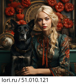 Portrait of a beautiful young woman with long blond hair and a black dog sitting next to her. The girl is dressed in a richly decorated dress in a vintage style with patterns reminiscent of folk ornaments. The atmosphere of the frame is filled with warmth and comfort, the interior is decorated with retro elements - globes, old clocks and bright red decorative elements. An expressive look, harmony between man and animal make the image deep and emotional. Ideal for book covers, magazines, articles about friendship, trust, style and history. Стоковое AI-изображение, AI-художник Анна Кривицкая / Фотобанк Лори