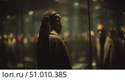 Silhouette of a woman with braids reflecting in a mirrored room at night during an art installation. Стоковое AI-видео, аниматор Сергей Толмачёв / Фотобанк Лори