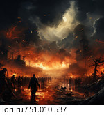 An apocalyptic scene with a massive fire engulfing a ruined city. Silhouettes of surviving people and animals walk along a blazing road reflecting the flames. Dramatic clouds rage in the sky, through which light breaks through, creating a contrast between death and hope. The picture is filled with tension, symbolism of the end of the world and human resilience. Ideal for the themes of apocalypse, fantasy, survival and visualization of disasters. Стоковое AI-изображение, AI-художник Анна Кривицкая / Фотобанк Лори
