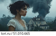A woman stands contemplating as thick smoke rises ominously from a mansion, set against a dramatic, stormy sky. Стоковое AI-видео, аниматор Данила Большаков / Фотобанк Лори