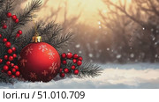 A beautiful winter setting showcases a red Christmas ornament resting on the snow, surrounded by pine branches and berries during dusk. Стоковое AI-видео, аниматор Данила Большаков / Фотобанк Лори