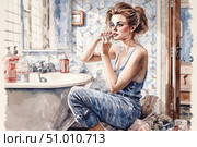 Watercolor illustration of a young woman in denim overalls, sitting on the floor of a cozy bathroom and brushing her teeth. The room has a soft morning atmosphere - light comes through the window, reflects in the mirror, creating a warm, homely mood. The interior is dominated by blue and white tones: patterned tiles, an antique bathtub, cosmetic bottles and towels. The woman looks relaxed and natural, her hair is pulled back in a casual bun. The work conveys a sense of a calm start to the day, self-care and everyday beauty. Стоковое AI-изображение, AI-художник Анна Кривицкая / Фотобанк Лори