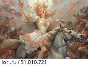 An epic painting scene with a majestic woman on a white horse leading the battle. Her outfit is decorated with flowers and gold details, her face glows with inspiration and triumph. The wind blows light fabrics and rose petals, enhancing the sense of movement and drama. Around is the chaos of battle, warriors, armor and horses. The image combines heroism, beauty and symbolism of feminine power. Perfect for fantasy covers, historical projects, art prints, concept art and visual stories. Стоковое AI-изображение, AI-художник Анна Кривицкая / Фотобанк Лори