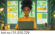 A young woman sits focused at her desk, researching in a bright workspace filled with plants and vibrant charts while sunlight streams in. Стоковое AI-видео, аниматор Данила Большаков / Фотобанк Лори