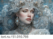 A digital illustration of a sophisticated woman in the image of a princess or fairy queen, executed in a refined artistic style with many decorative details. Her face is framed by intricate patterns, flowers, lace and jewels, and her headdress and jewelry amaze with the subtlety of the elaboration. The color scheme is based on cool shades of blue, silver and white, creating an atmosphere of a winter fairy tale and aristocratic elegance. Ideal for covers, fantasy art, fashion projects, jewelry concepts and highly artistic design. Стоковое AI-изображение, AI-художник Анна Кривицкая / Фотобанк Лори