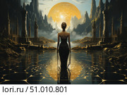 A fantastic scene with a mysterious woman in an elegant dress standing in front of a split golden sun against the backdrop of majestic mountains and ancient architectural structures. The landscape is reflected in the smooth surface of the water, creating the effect of a mysterious portal or another dimension. The atmosphere of the work combines magic, epicness and sublime beauty, ideal for use in book covers, music albums, fantasy projects and art posters. Стоковое AI-изображение, AI-художник Анна Кривицкая / Фотобанк Лори
