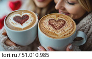 Two friends smile as they hold cups with heart-shaped latte art, enjoying a warm drink together in a cozy café during a chilly winter morning. Стоковое AI-видео, аниматор Данила Большаков / Фотобанк Лори