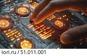 A hand operates a high-tech control panel with illuminated orange features, highlighting an advanced technological setting in low light. Стоковое AI-видео, аниматор Данила Большаков / Фотобанк Лори