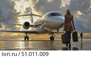 A professional traveler walks towards a gleaming private jet as the sun sets, ready for an exclusive journey, showcasing the luxury of private aviation. Стоковое AI-видео, аниматор Данила Большаков / Фотобанк Лори