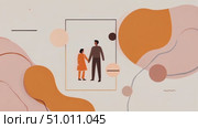 Animated drawing of geometric shapes. Married couple in rectangle that protects them from external influences. Abstract plot about relationship between man and woman. Cubist style poster. Стоковое AI-видео, аниматор Ирина / Фотобанк Лори