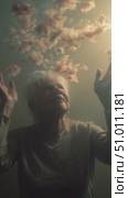 Emotional expression of an elderly person surrounded by clouds capturing thoughts and memories. Стоковое AI-видео, аниматор Сергей Толмачёв / Фотобанк Лори