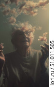 Elderly person experiencing emotions while clouds surround them in a surreal underwater setting. Стоковое AI-видео, аниматор Сергей Толмачёв / Фотобанк Лори