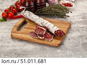 Spanish dry Fuet sausages snack. Стоковое фото, фотограф Андрей Старостин / Фотобанк Лори