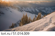 Snow-covered mountain landscape featuring tall trees and drifting clouds in a serene winter setting. Стоковое AI-видео, аниматор Данила Большаков / Фотобанк Лори