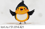 A cheerful cartoon bird wearing a hat and scarf brings warmth and joy against a snowy setting, celebrating the spirit of winter. Стоковое AI-видео, аниматор Данила Большаков / Фотобанк Лори